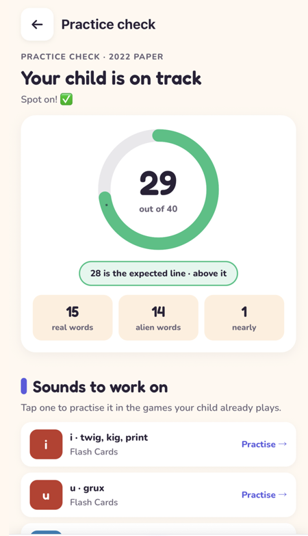 A practice check result with sounds to work on