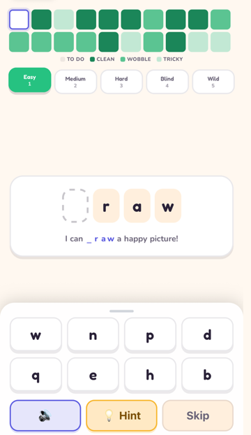 Word Climb, Easy level: one letter missing from draw