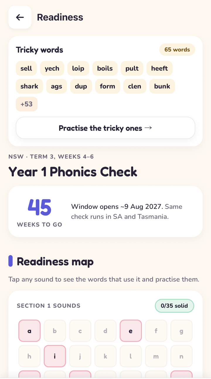 Readiness screen showing the tricky words and a countdown to the check